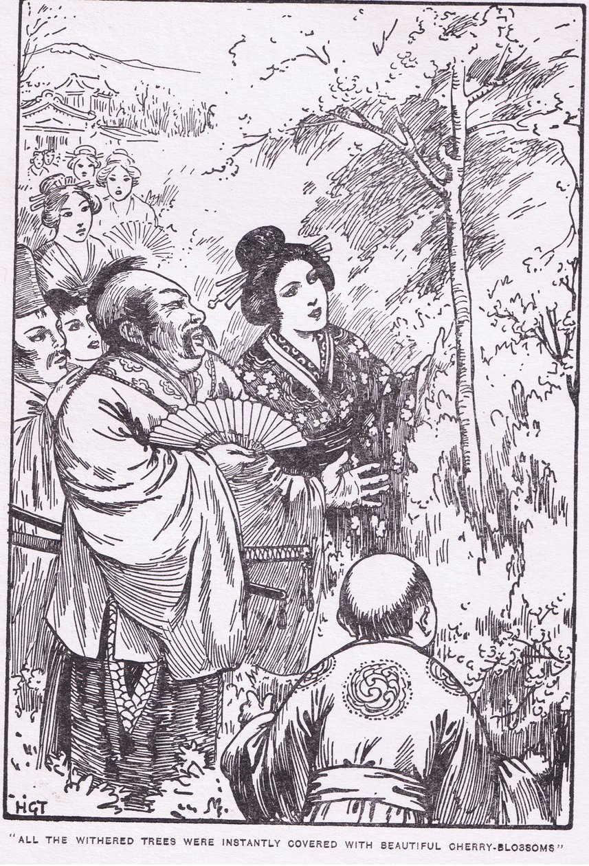 All the withered trees were instantly covered with beautiful cherry blossom (The Old Man who made Withered Trees Blossom) by Harry George Theaker