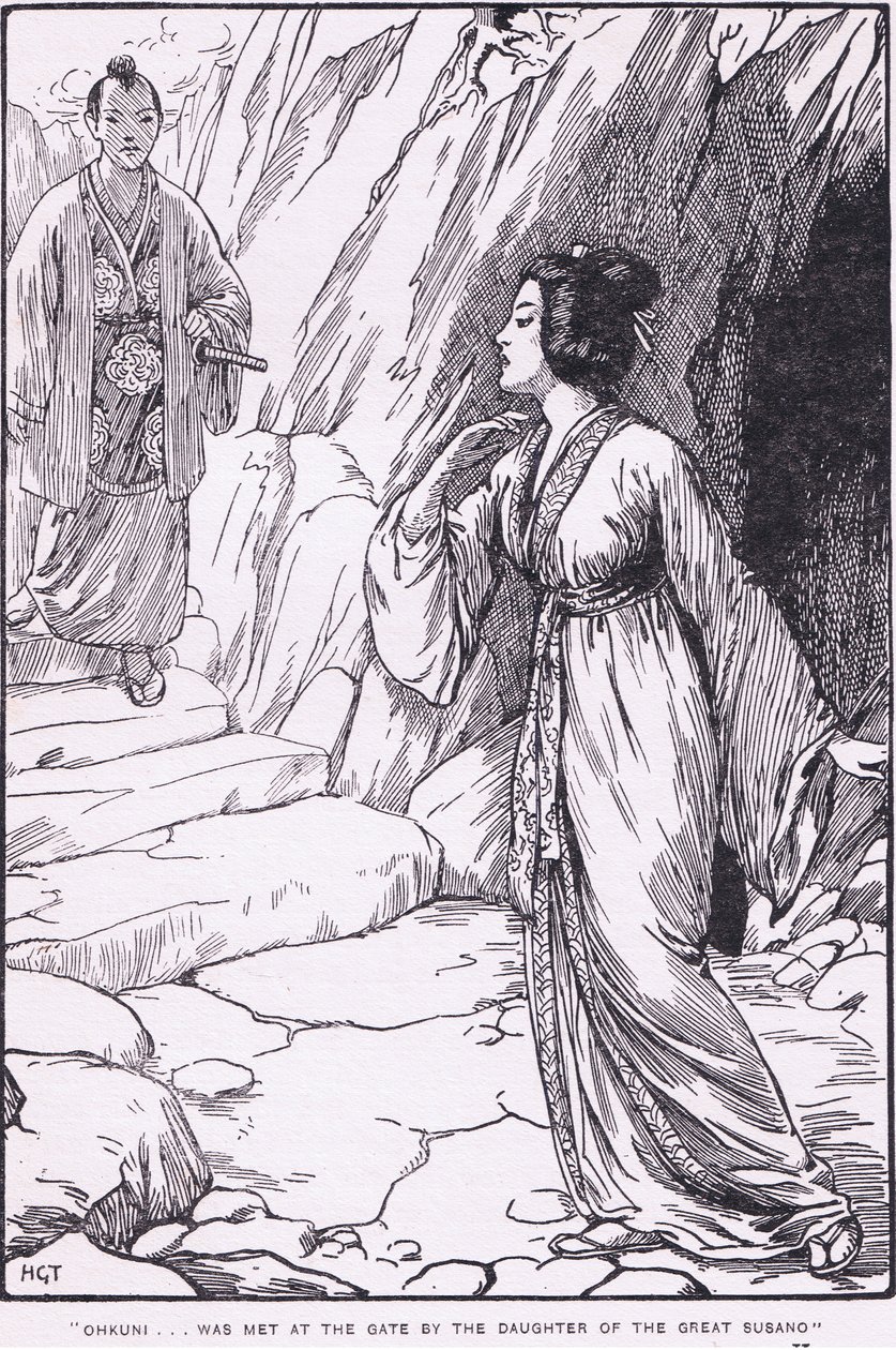 Okhuni was met at the gate by the daughter of the great Susano (from Susano and Ohkuni) by Harry George Theaker