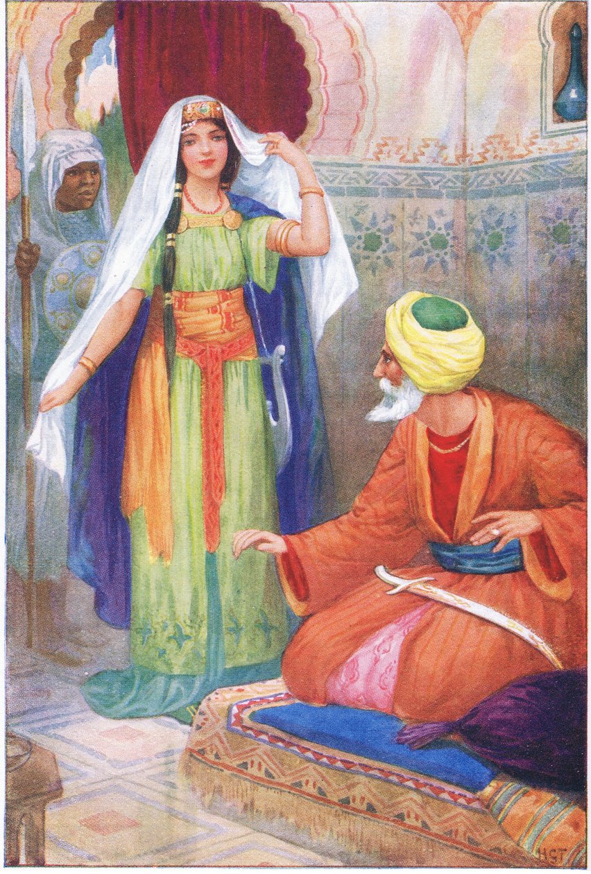 The beautiful captive and Aben Habuz (from the story The Arabian Astrologer), illustration from 