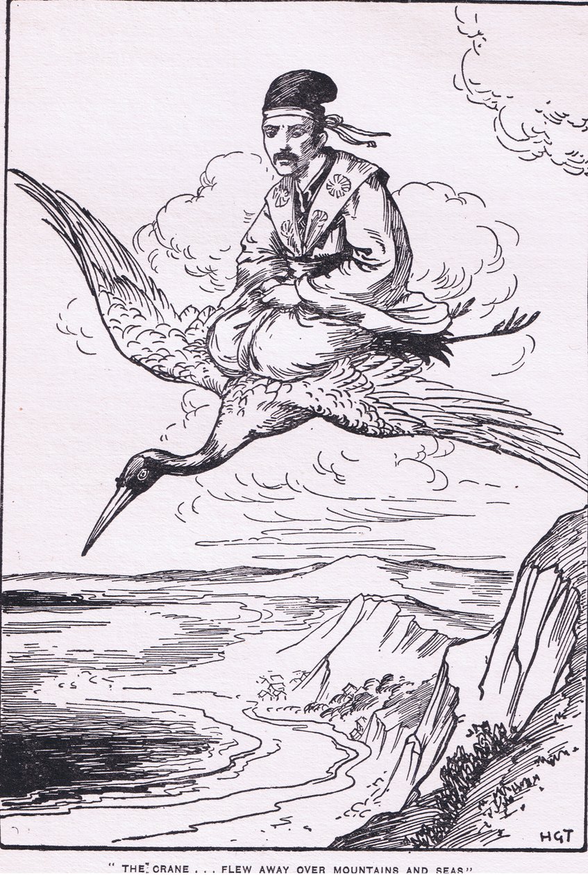 The crane flew away over mountains and seas (from the Story of Sentaro) by Harry George Theaker