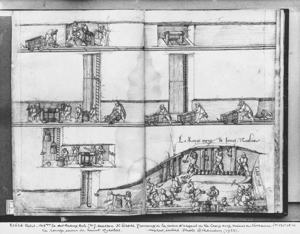 Silver mine of La Croix-aux-Mines, Lorraine, fol.13v and fol 14r, the red mine of St. Nicholas, c.1530 by Heinrich Gross or Groff