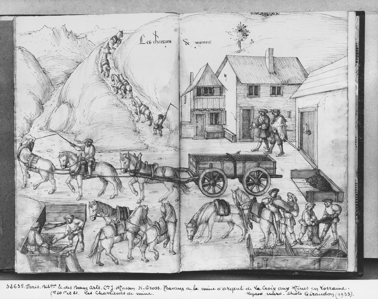 Silver mine of La Croix-aux-Mines, Lorraine, fol.20v and fol.21r, transporting the ore, c.1530 by Heinrich Gross or Groff