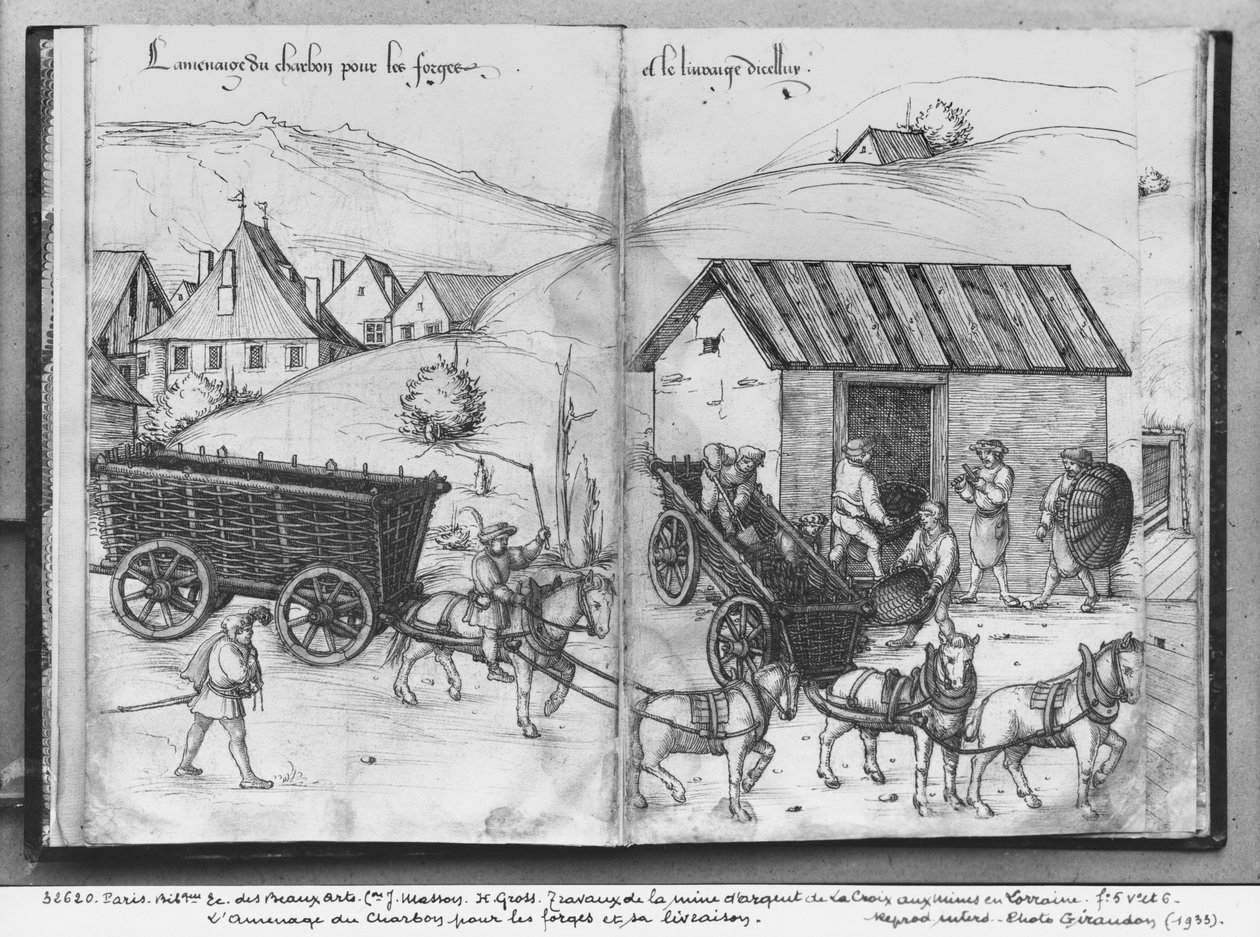 Silver Mine of La Croix-aux-Mines, Lorraine, fol.5v and fol.6r, Transporting and Delivering Coal for the Forges, c.1530 by Heinrich Gross or Groff