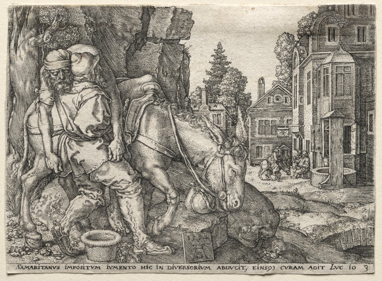 The Parable of the Good Samaritan: The Good Samaritan Putting the Traveler on His Donkey by Heinrich Aldegrever