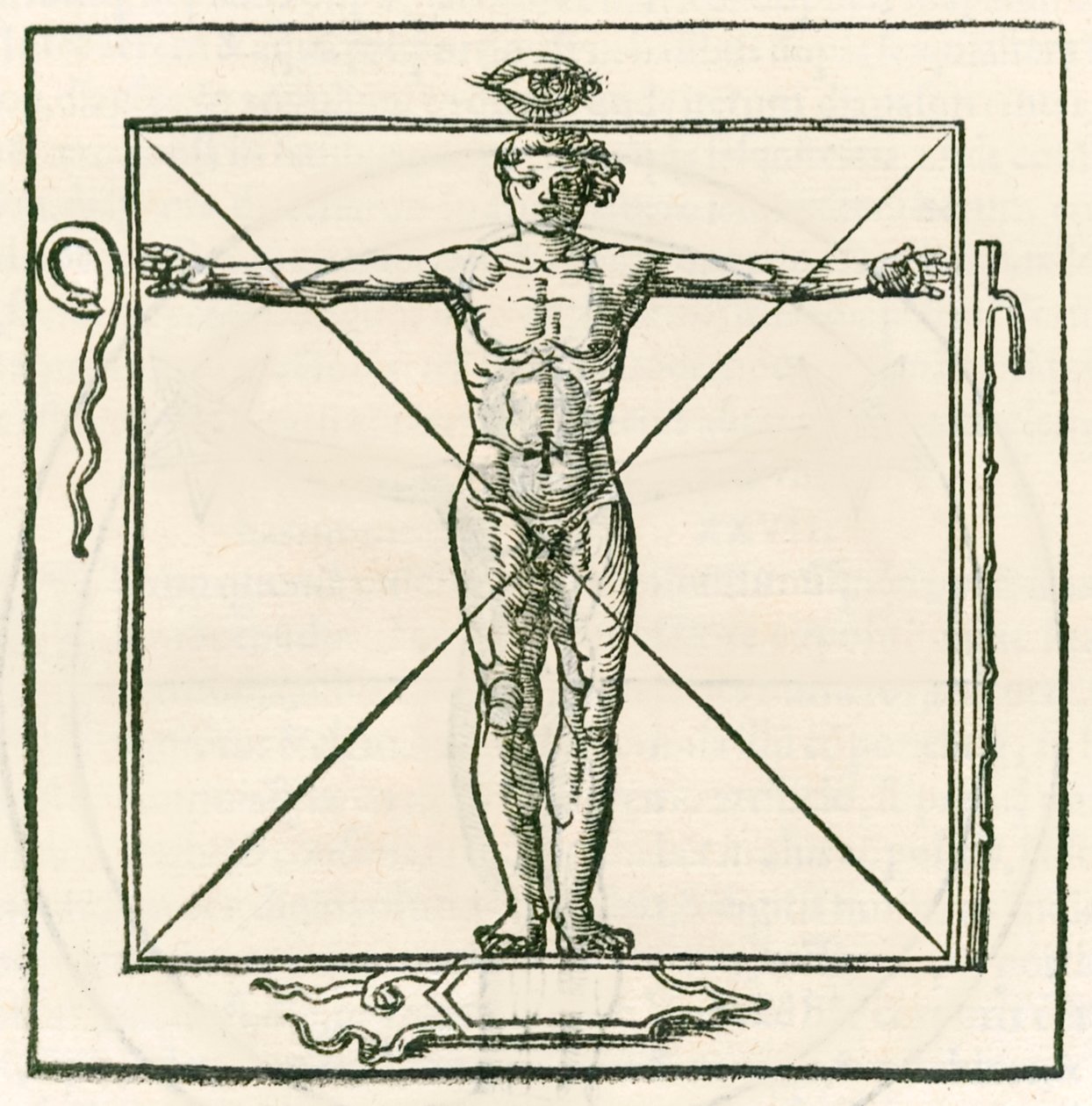 Man in a Square Surrounded by Symbols of the Eye, Snake, Seven Section Staff and Shield. Engraving from Heinrich Cornelius Agrippa von Nettesheim (1486-1535) De Occulta Philosophia Libri Tres by Heinrich Cornelius Agrippa von Nettesheim