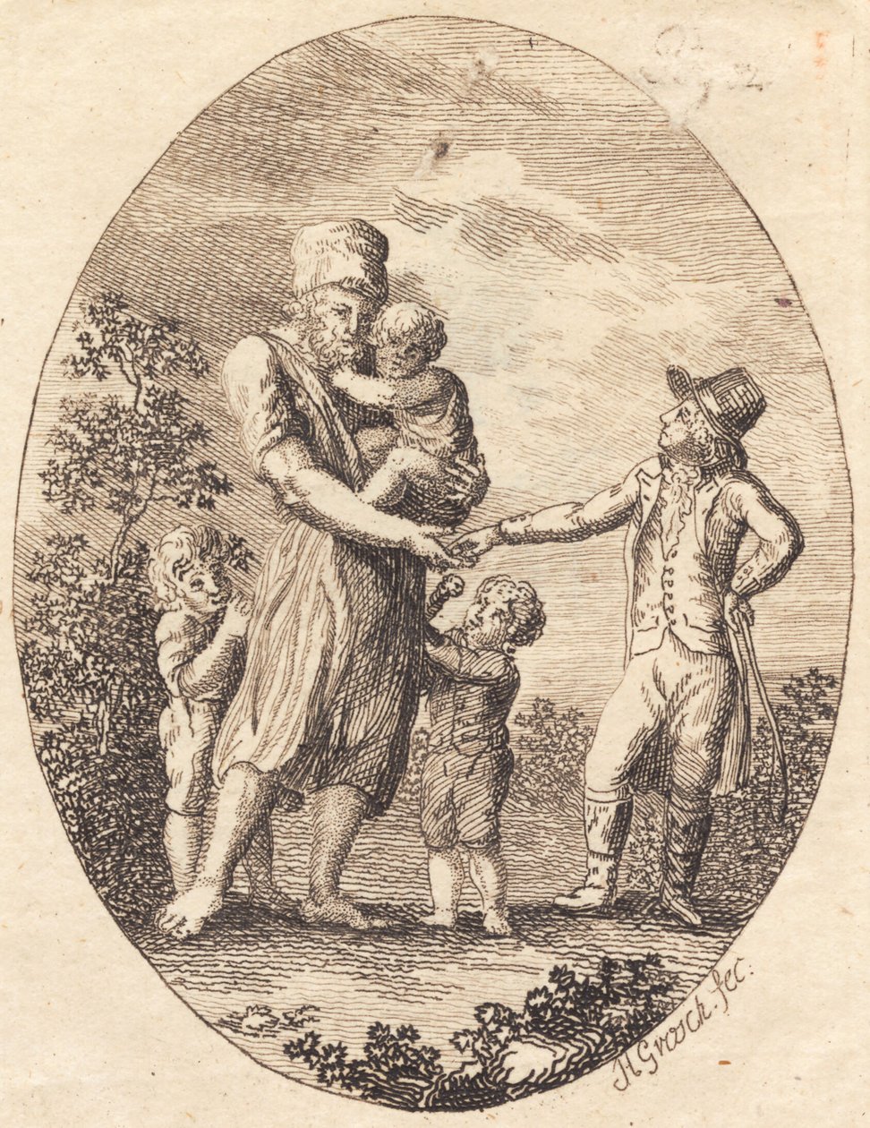 A Gentleman Gives a Drink Coin to a Man with Two Children by Heinrich Grosch