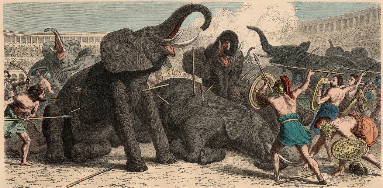 Ancient Rome: Elephants are slain in the amphitheatre, 1866 by Heinrich Leutemann