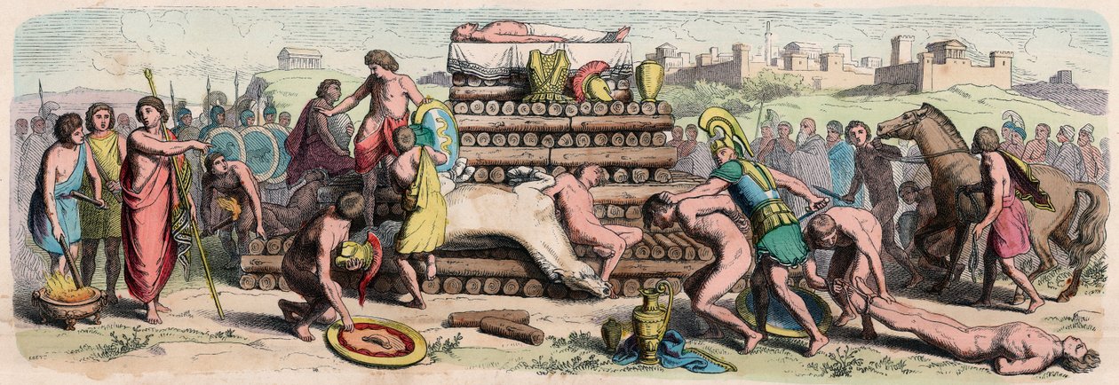 Archaic Period in Greece: Cremation of a Hero with Animal and Human Sacrifice by Heinrich Leutemann