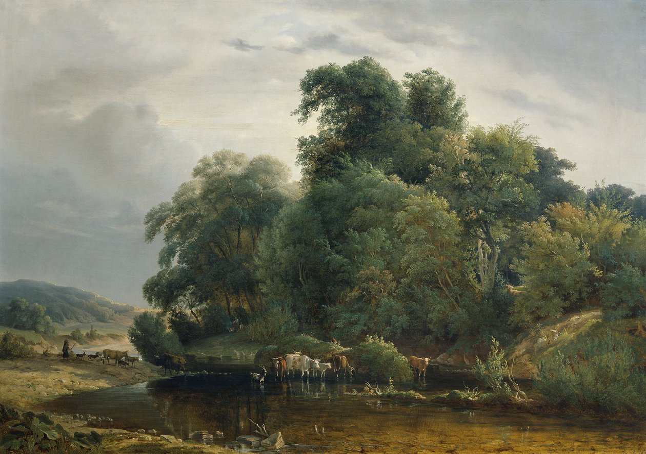 Landscape with Cattle Herd and Shepherdess by Heinrich Peyer
