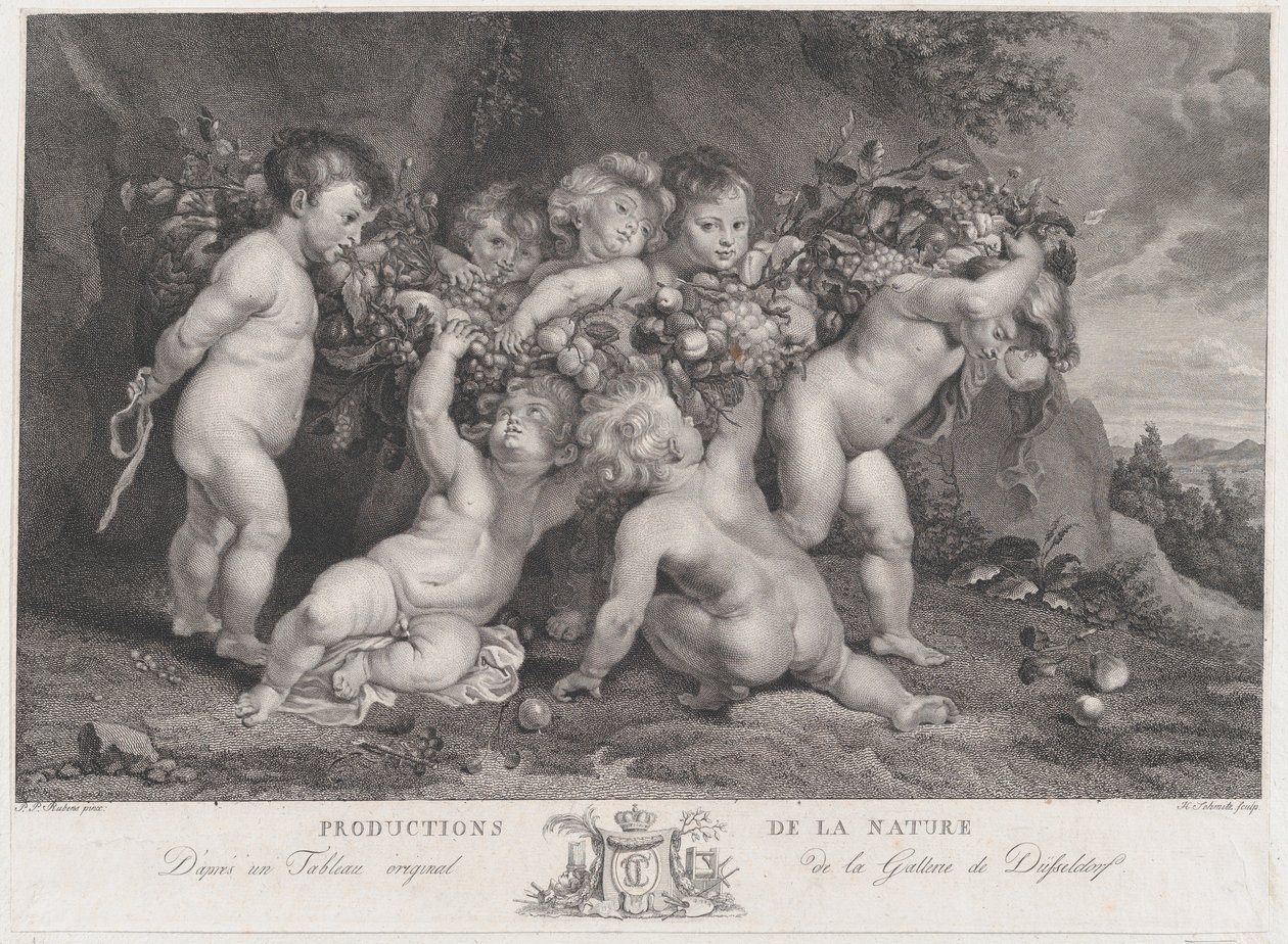 Seven Putti Carrying a Garland of Fruit by Heinrich Schmitz