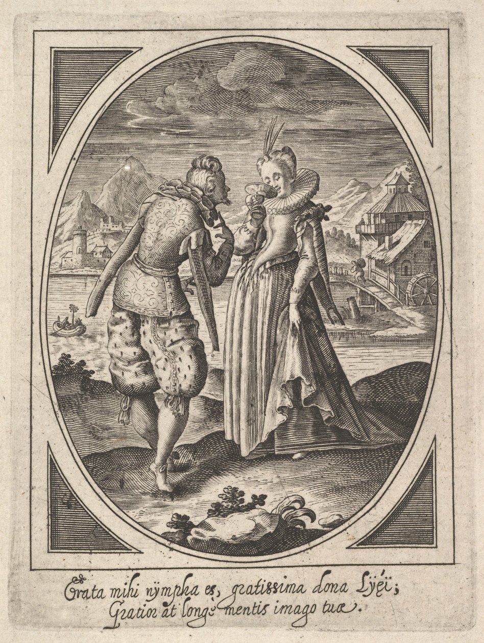 A Man Steps Toward a Woman Who Holds a Goblet to Her Mouth, a Watermill and Mountains in the Background by Heinrich Ulrich