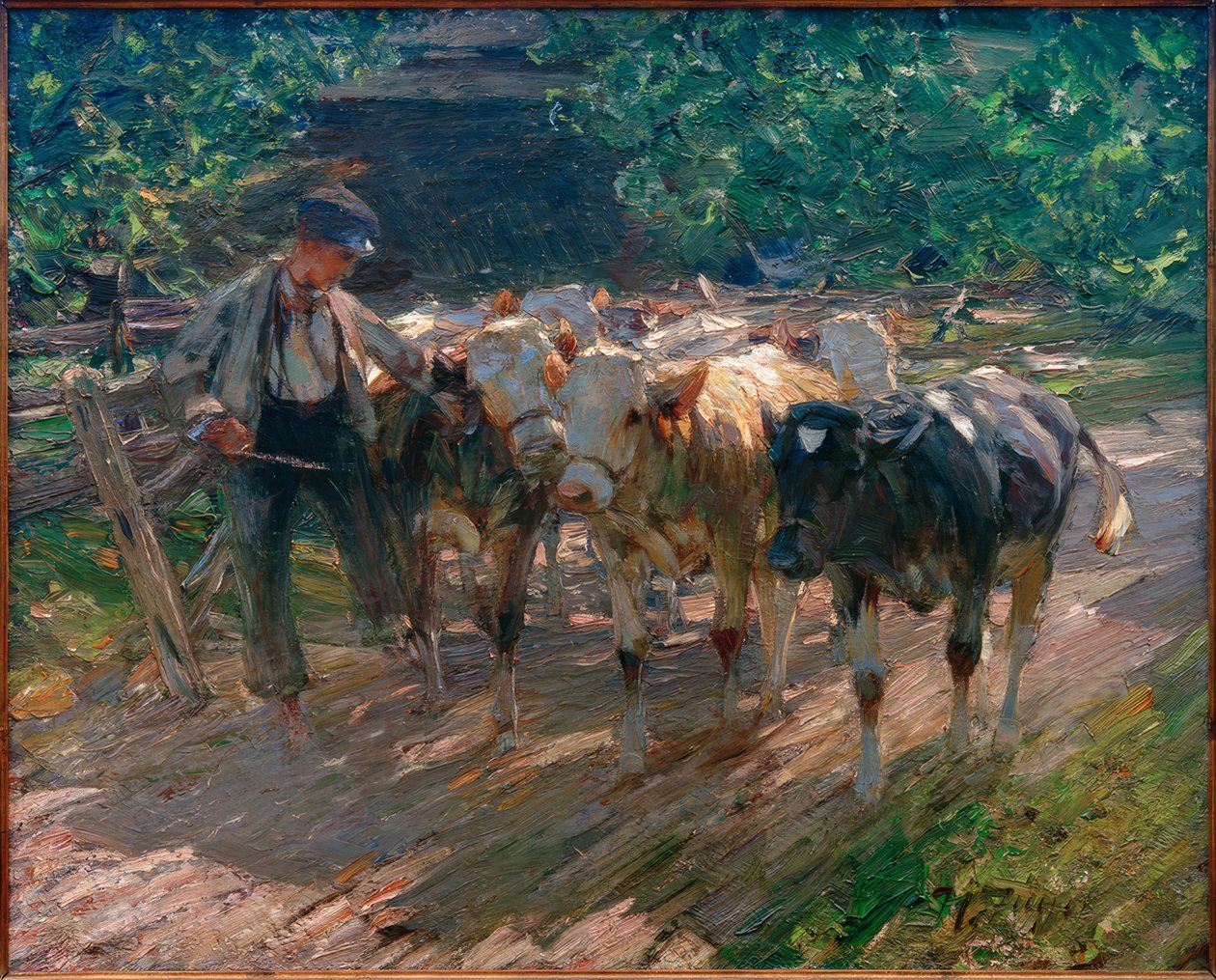 Herd Boy Leading Three Calves by Heinrich von Zügel