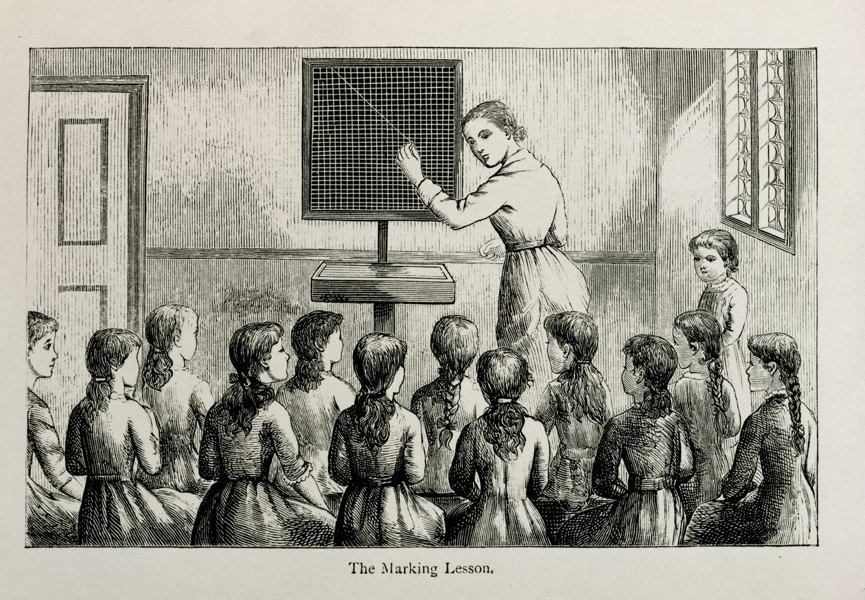 The Marking Lesson, illustration from A Manual of Collective Lessons in Plain Needlework and Knitting, engraved by W.P. and R. Cheshire, pub. 1885 by Helen K. Brietzcke