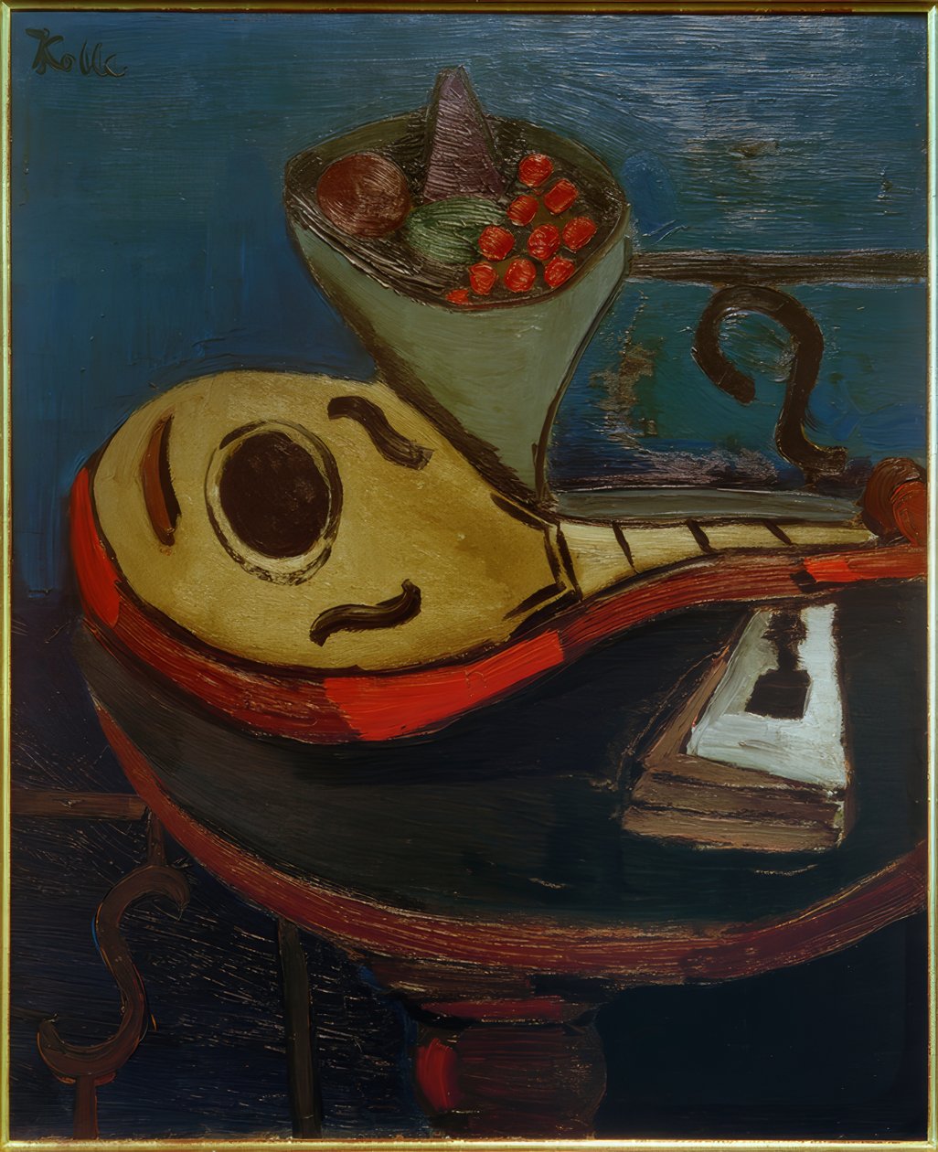 Still Life: Mandolin and Bowl with Fruits on a Table by Helmut Kolle