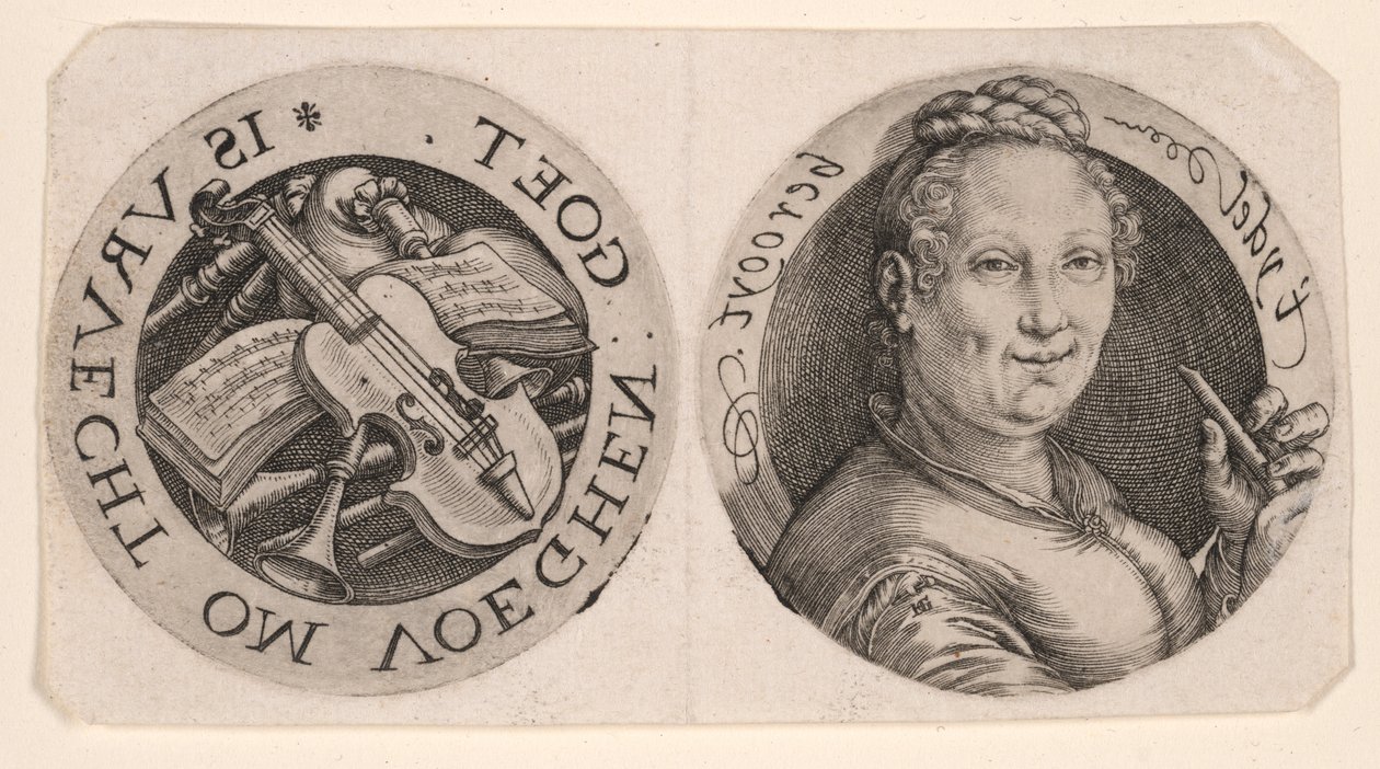 Bust of a Woman holding a Flute, and Musical Instruments, on one sheet by Hendrick Goltzius