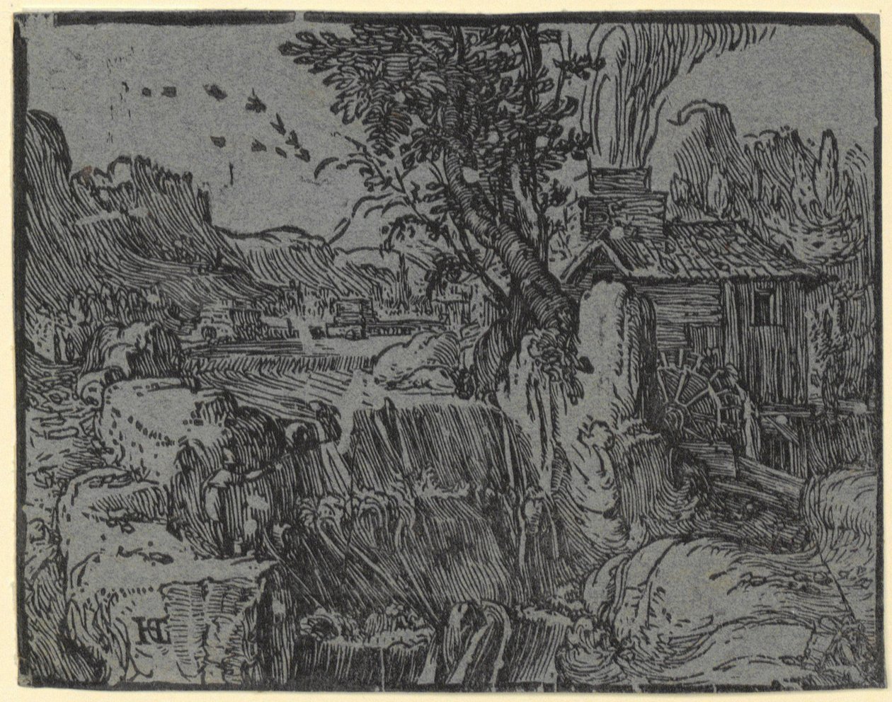 Landscape with Waterfall and Mill, Plate 1 from the Series "Four Small Landscapes" by Hendrick Goltzius