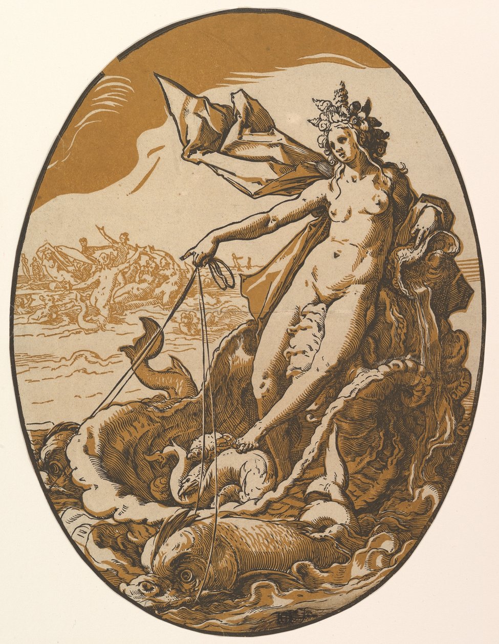 Tethys reclining in a giant shell chariot pulled by two sea creatures, from "The Deities" by Hendrick Goltzius