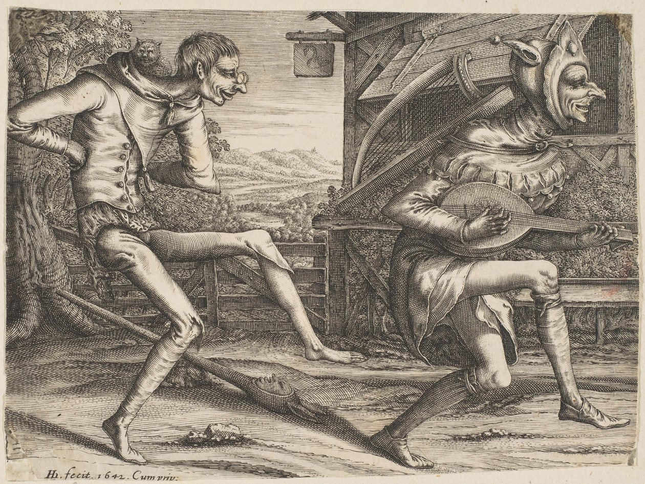 Two Fools Dancing from Two and Three Fools of the Carnival, 1642 by Hendrick Hondius I