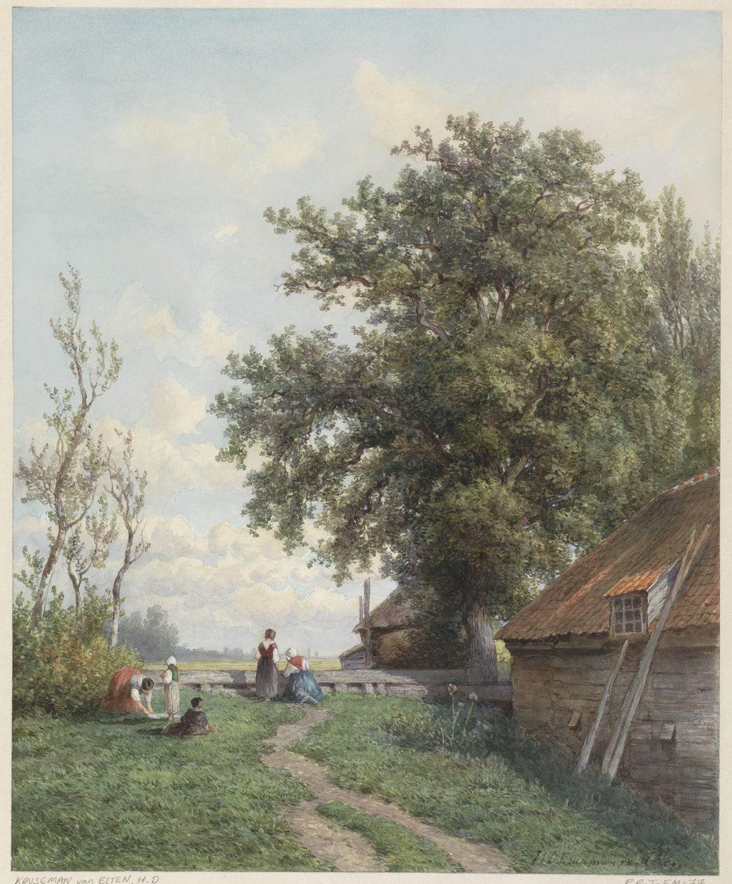 Farmyard with Some Figures, a Barn, and a Large Tree on the Right by Hendrik Dirk Kruseman van Elten