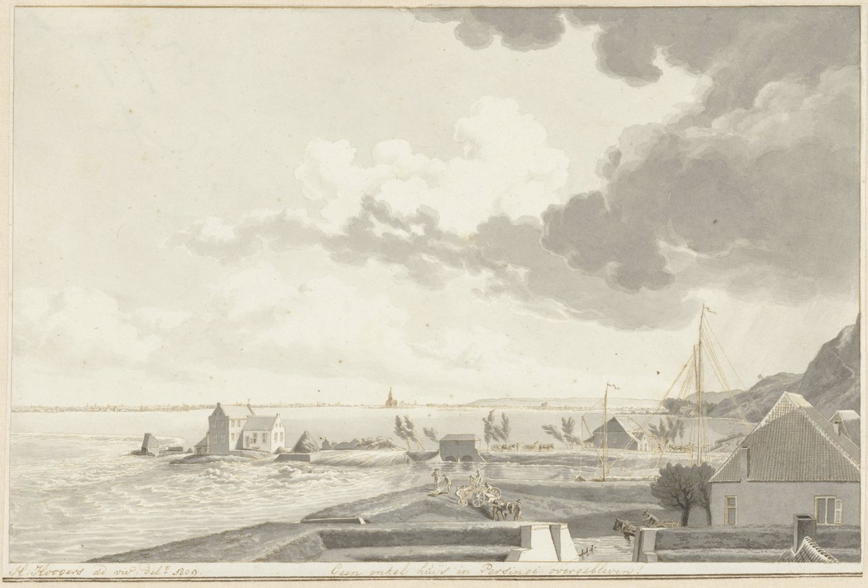 The Flooded Ooijpolder with Persingen in the Distance, 1809 by Hendrik Hoogers (signed by artist)