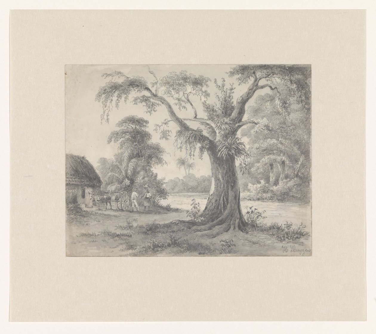 Landscape with a Tree and Hut with Horse and Wagon and Two Figures by Hendrik Huygens (signed by artist)