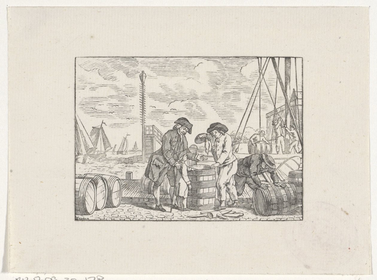 Men on a Quay Working with Barrels of Fish by Hendrik Numan