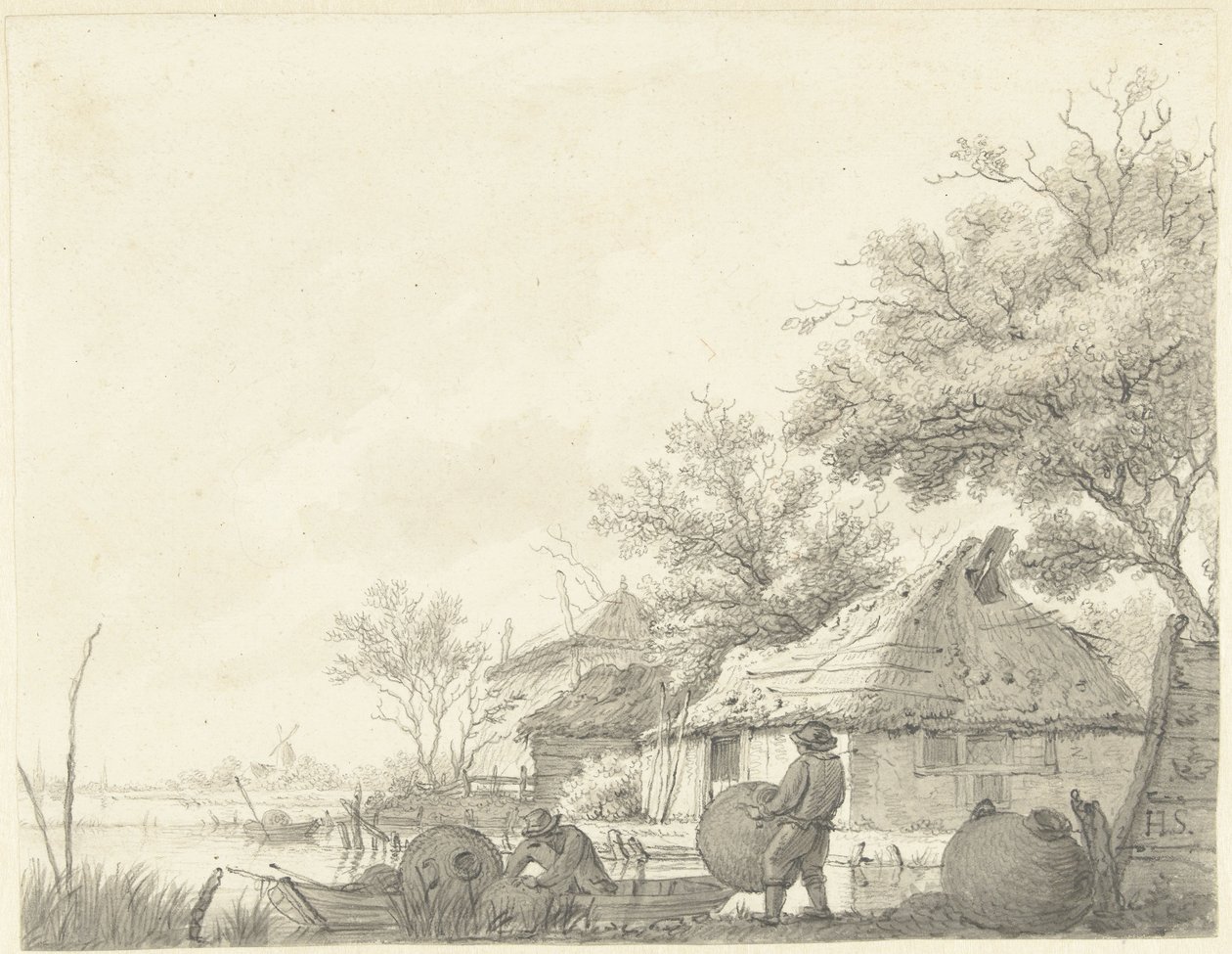 Two Fishermen with Baskets by a Canal by Hendrik Schwegman