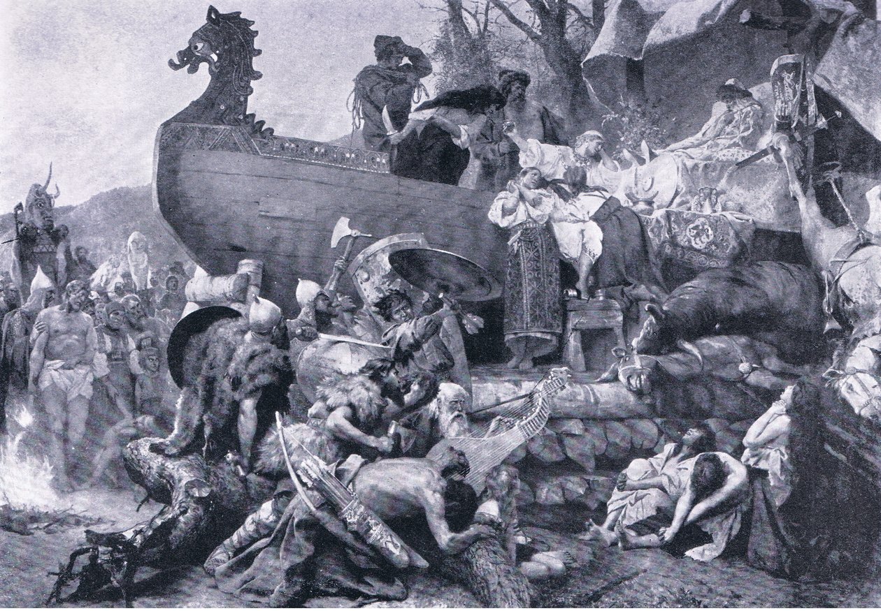 Cremation of a chief in eastern Russia-tenth century, illustration from Landmarks in European History by Henryk Siemiradzki
