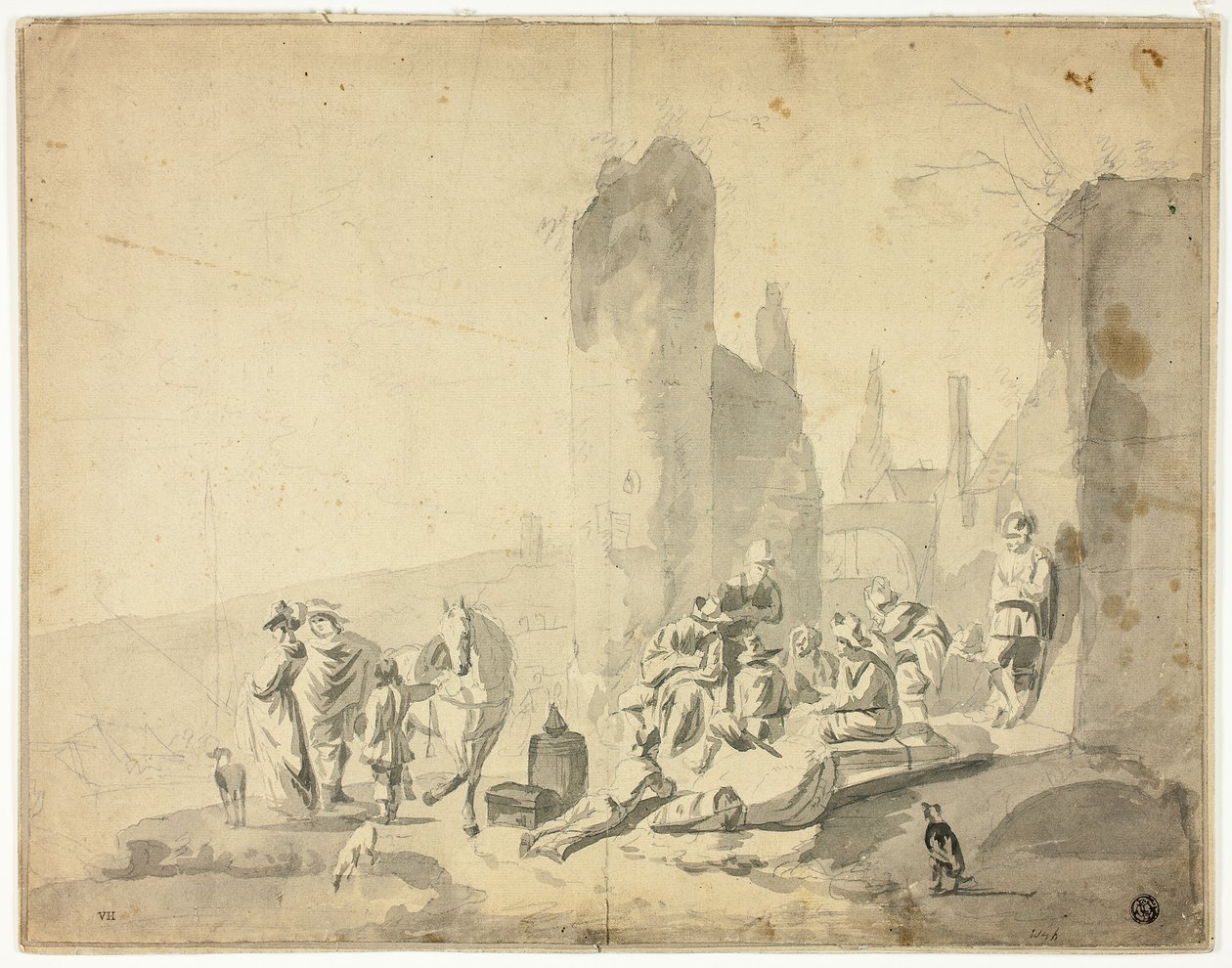 Harborside Scene with Various Figures by Hendrik Verschuring