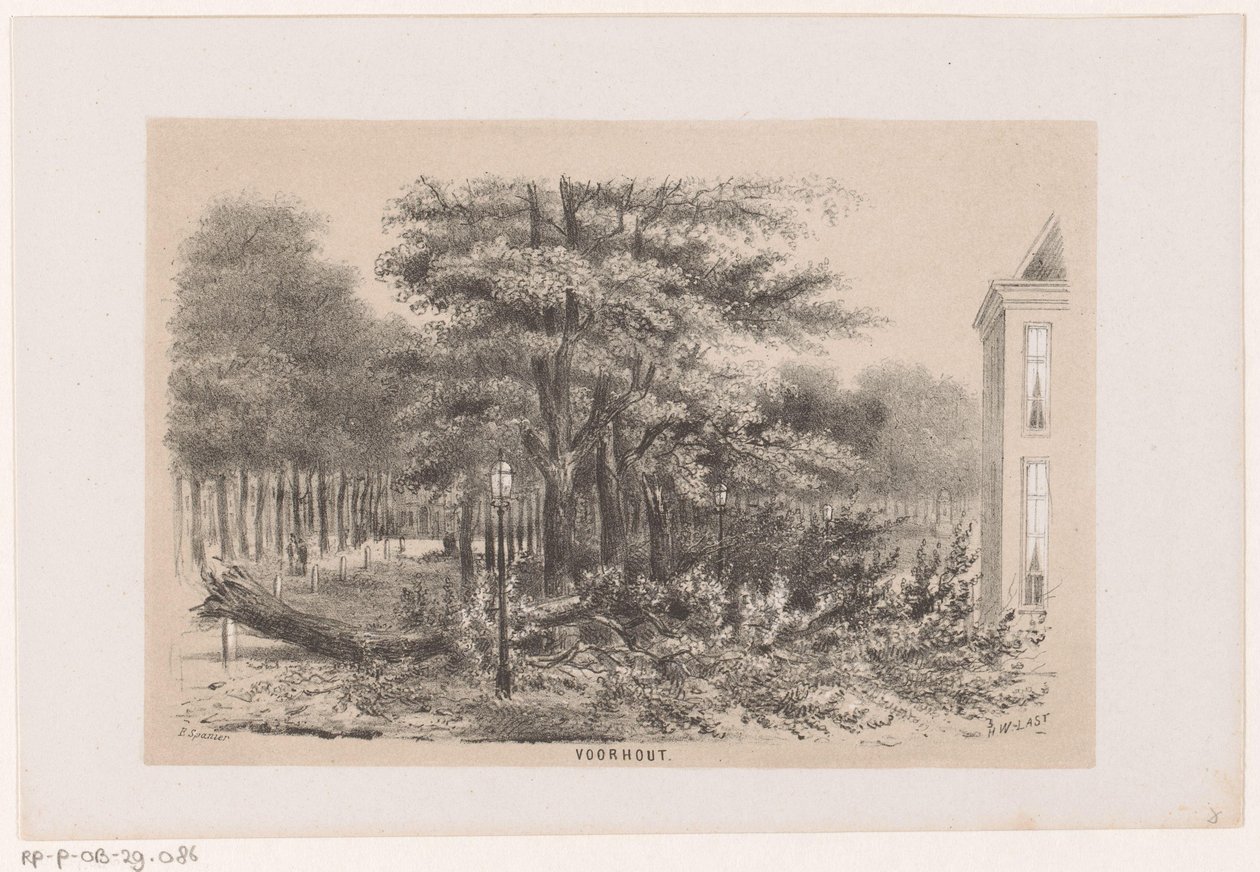 Fallen Tree at Voorhout After the Storm of May 28, 1860 (series: Album of Ten Lithographed Sketches Depicting Scenes of the Destruction Caused by the Storm of May 28, 1860 in The Hague Forest, Scheveningen) by Hendrik Wilhelmus Last