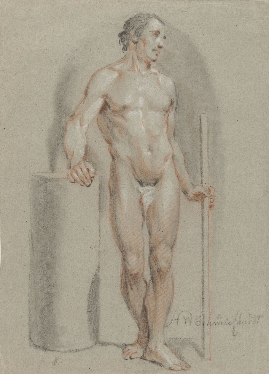 Standing Male Nude, with a Stick in Hand, Leaning on a Studio Cylinder by Hendrik Willem Schweickhardt