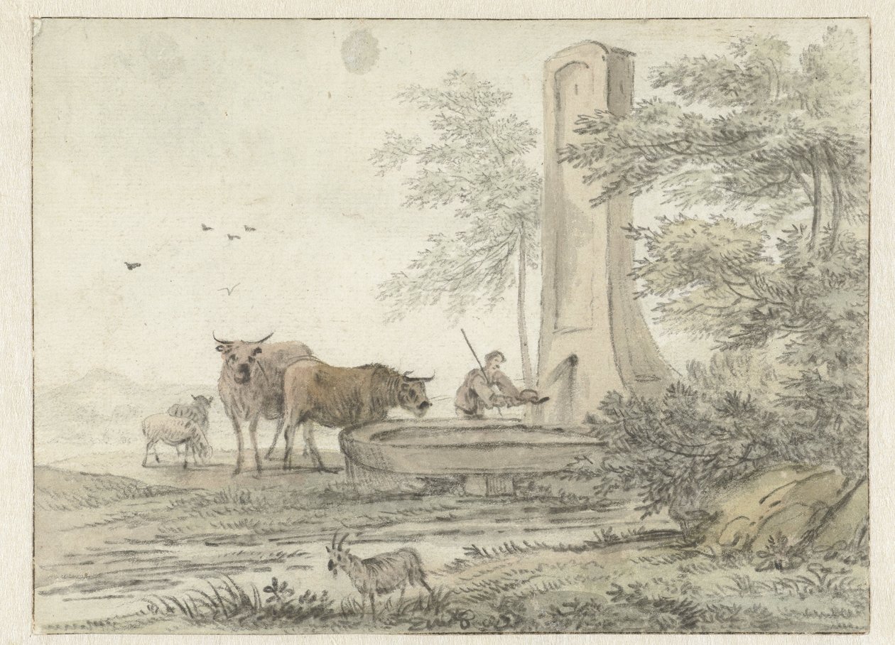 Italianate Landscape with Herder and His Cattle and Sheep at a Fountain by Hendrik van der Straaten