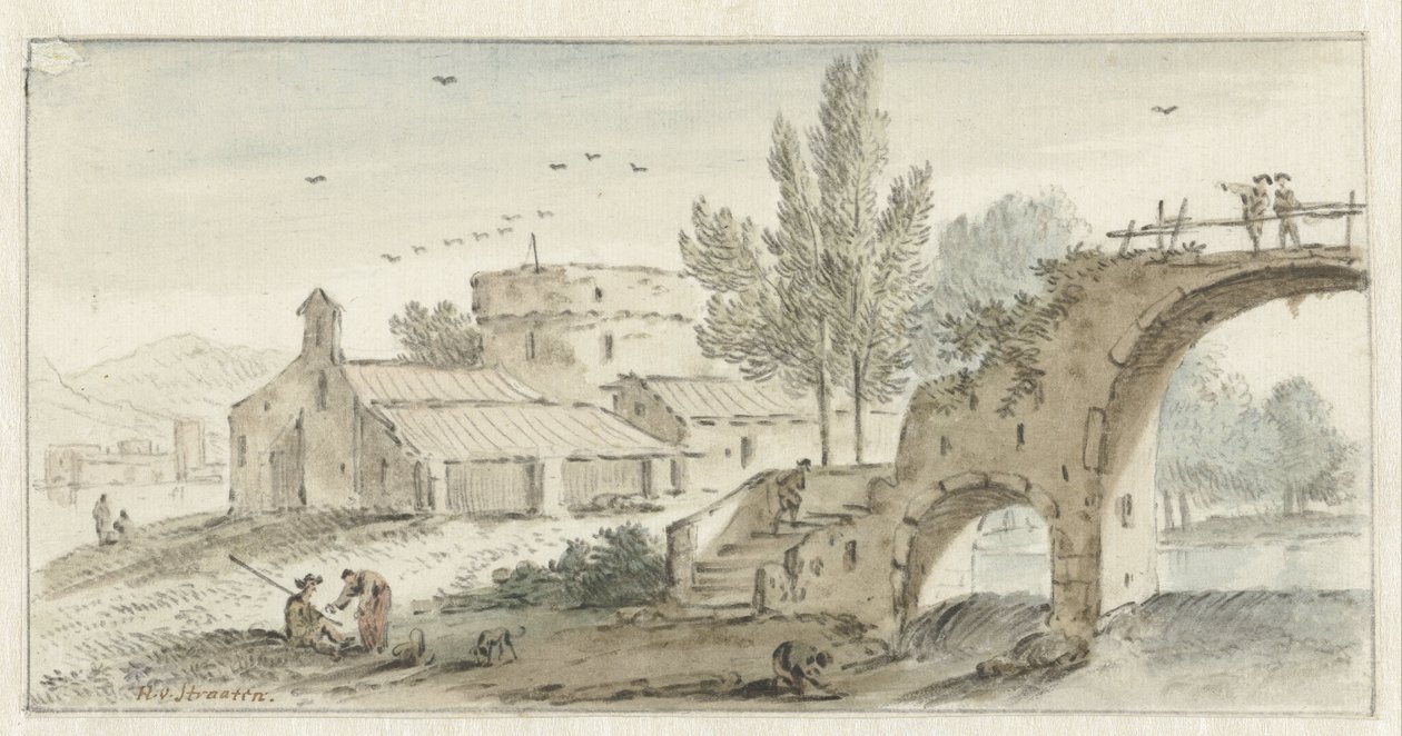 Italianate Landscape with a Stone Bridge by Hendrik van der Straaten