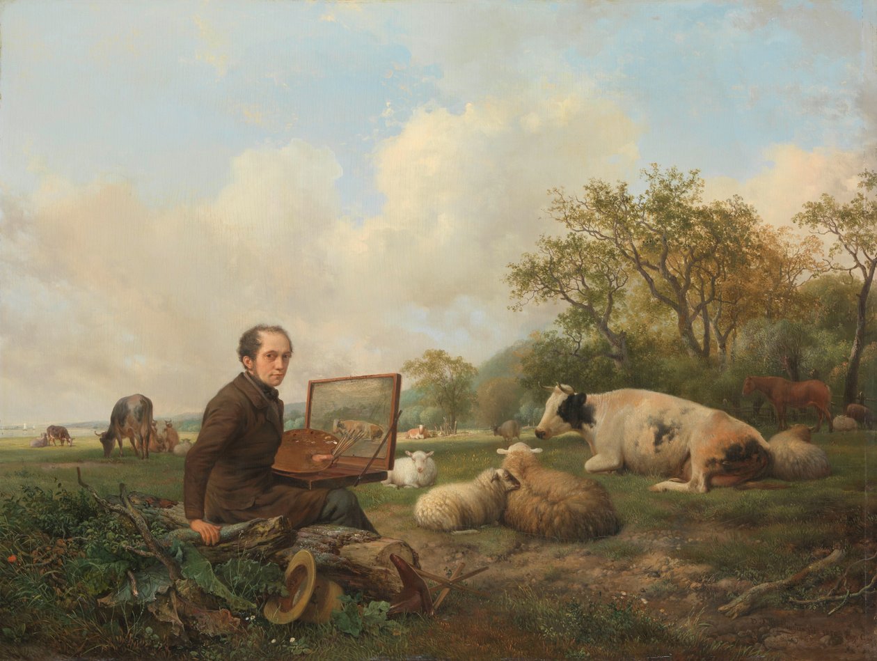 The Artist Painting a Cow in a Meadow by Hendrikus van de Sande Bakhuyzen (signed by artist)