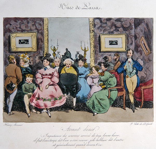 Humorous depiction of the behaviour and conversation of guests before dinner, engraved by Francois Seraphin Delpech (1778-1825) by Henri Bonaventure (after) Monnier