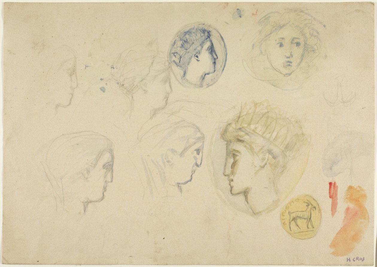 Sketches: Profile Heads, Coins or Medals (recto); Trees (verso) by Henri Cros