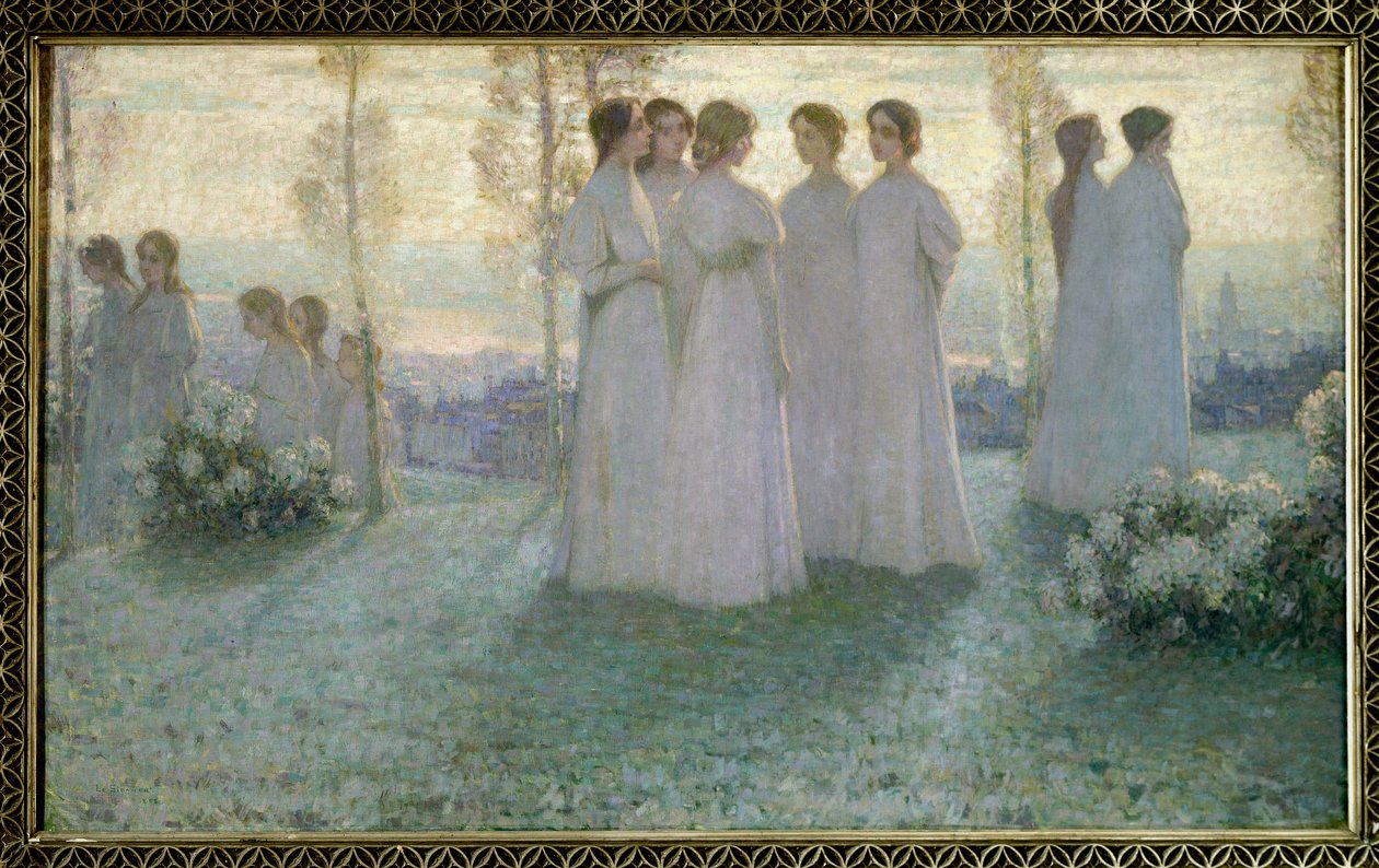 On Sunday, Woman Dressed in White Talking in a Garden by Henri Eugene Augustin Le Sidaner