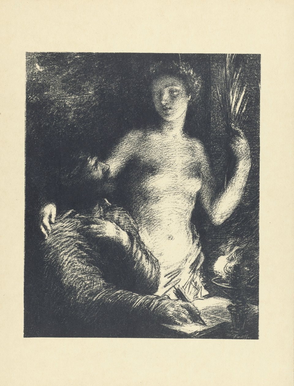 Man Sitting with Pen in Hand and Open Book and Next to Him Standing Naked Woman as Muse or Inspiration (L