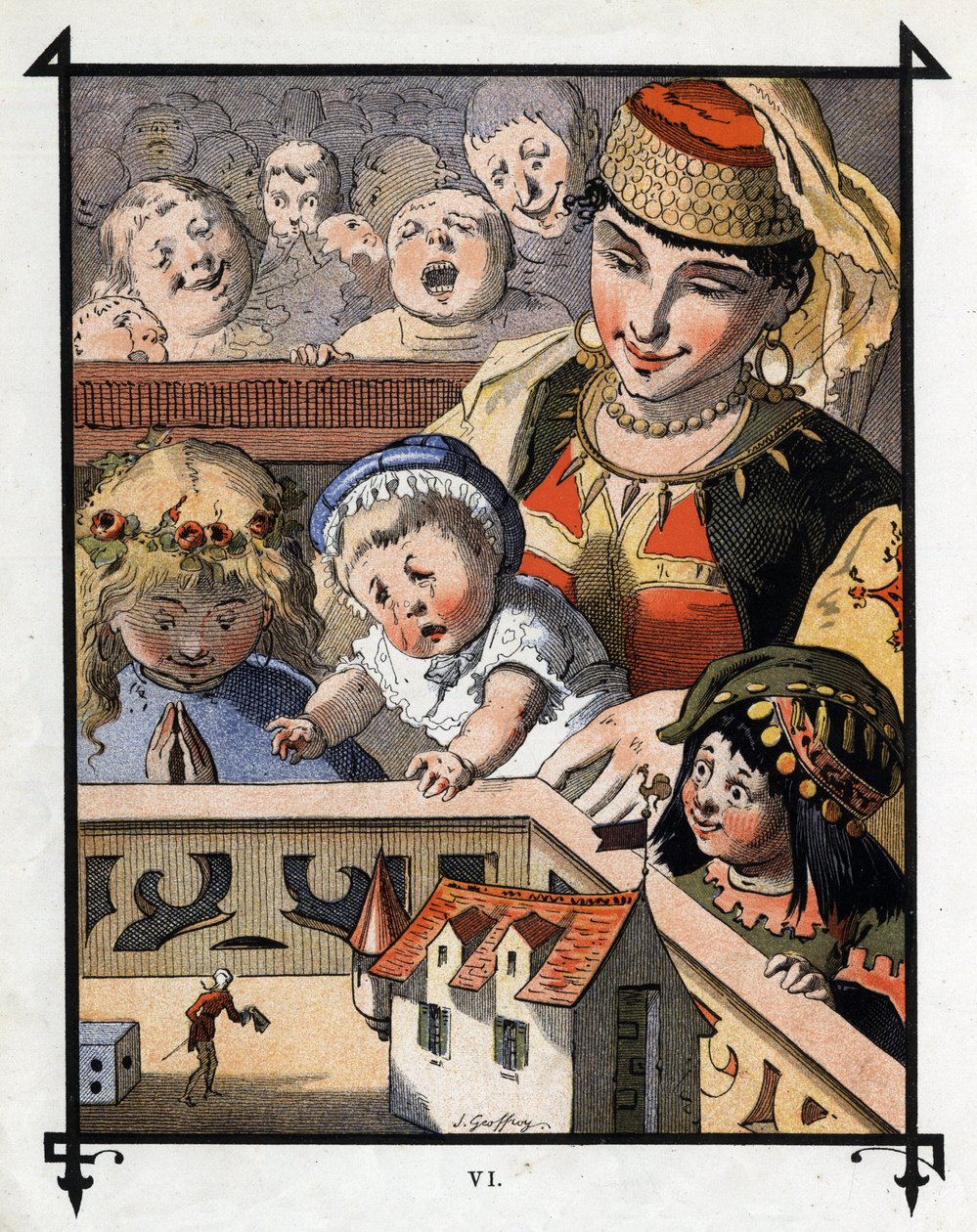Lemuel Gulliver in the land of the giants of Brobdingnag is a curiosity for children. Illustration for Gulliver