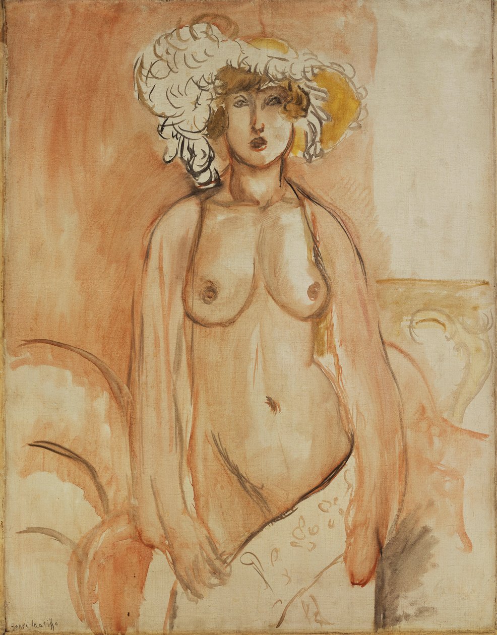 Antoinette Standing, Torso Bared, Wearing a Feather Hat by Henri Matisse