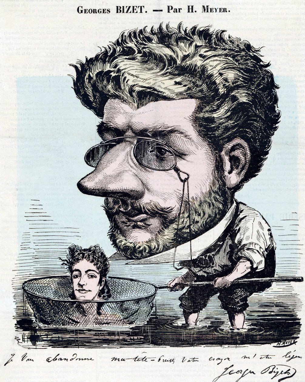 Georges Bizet, French Composer - Caricature with an Autograph by Bizet, by Henri Meyer for 