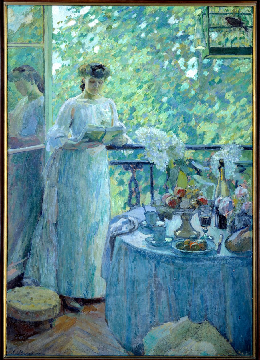 Madame O. on the Balcony. A Young Woman Reads a Book in a Bourgeois Interior, the Table is Served for Breakfast. Painting by Henry Ottmann by Henri Ottmann