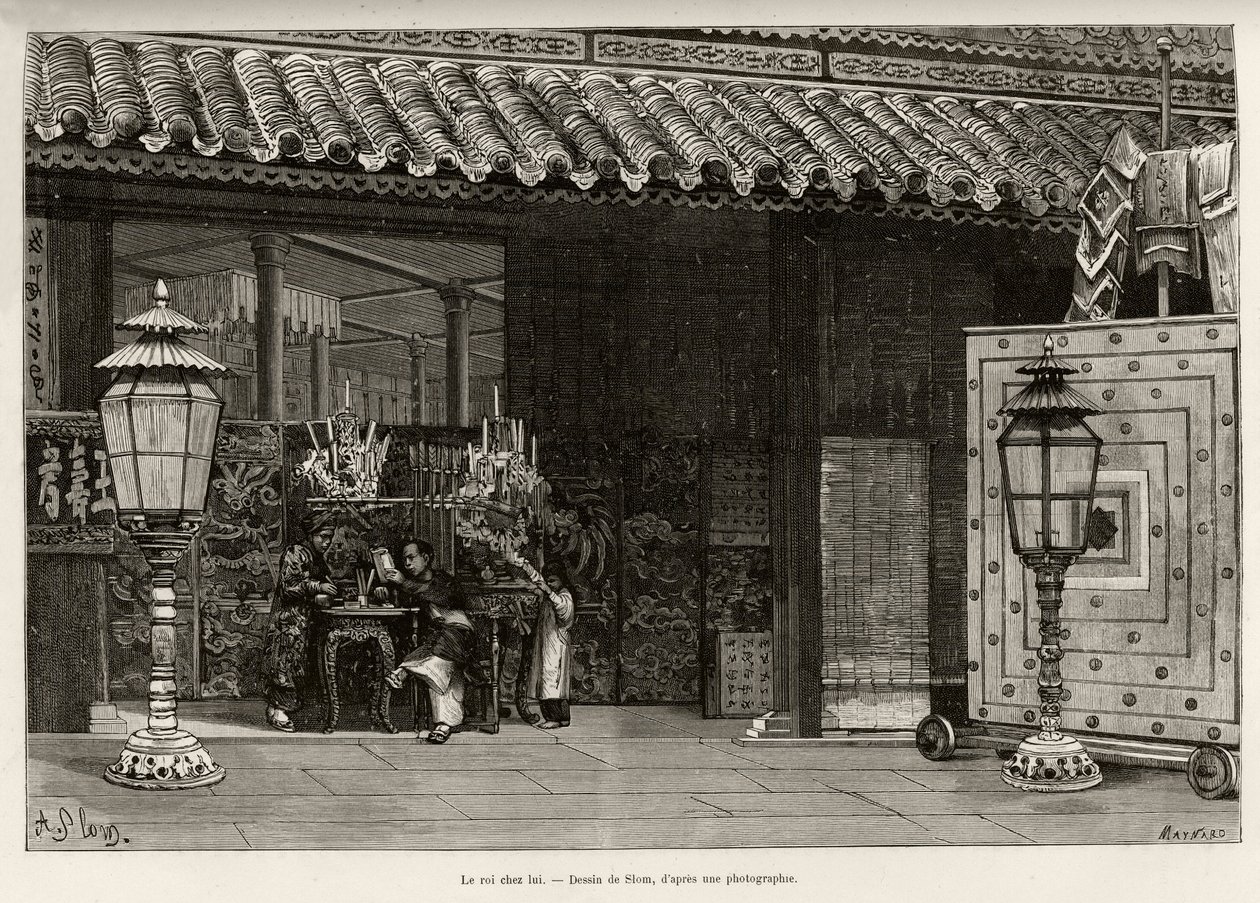 King Dong Khanh, Emperor of Annam, home in the imperial city of Hue. Engraving by Thiriat, to illustrate the story Trente mois au Tonkin by Dr. Charles Edouard Hocquard by Henri Thiriat
