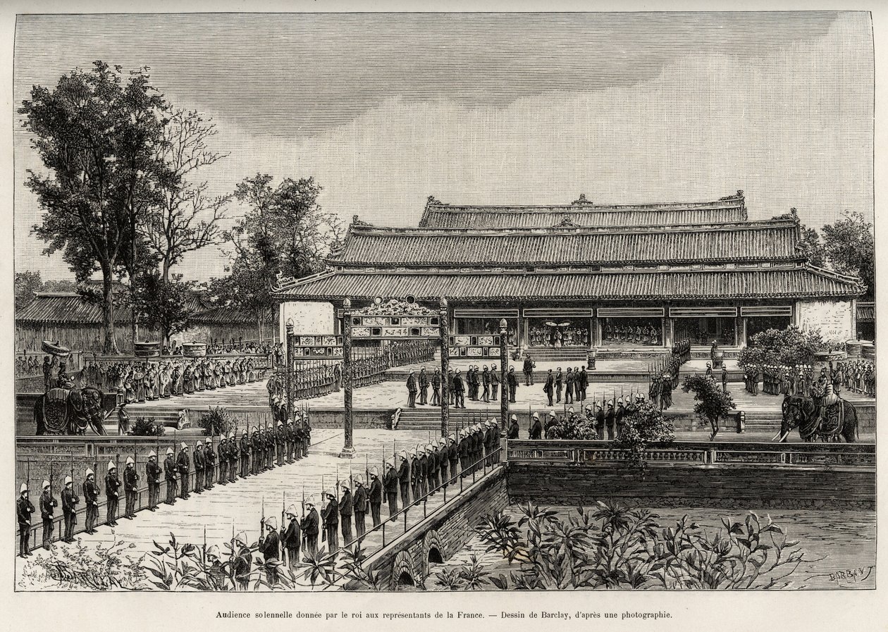 Solemn audience given by King Dong Khanh (1864-1889) Emperor of Annam to the representatives of France in the imperial city of Hue (Vietnam). Engraving by Thiriat, to illustrate the story 