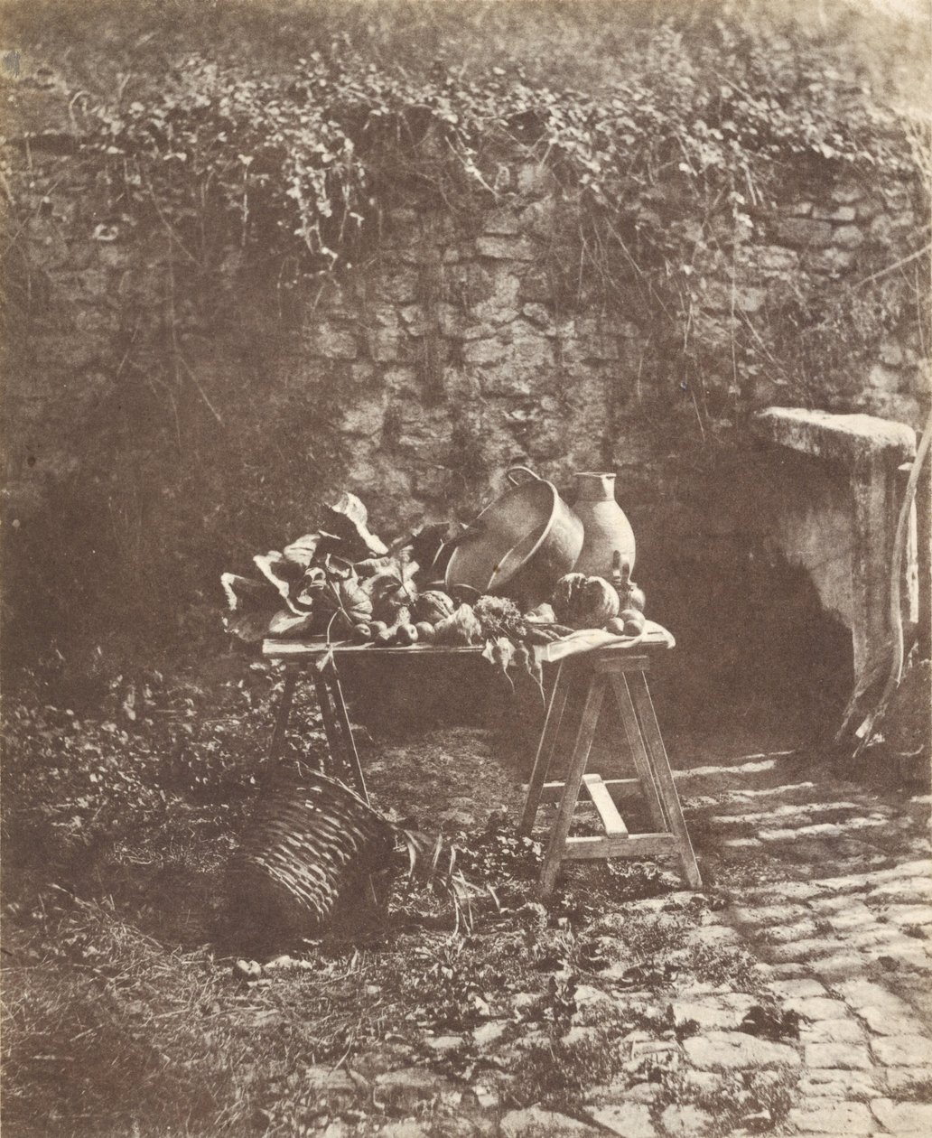 Still Life - Cauldron, Jug, and Vegetables on a Trestle Table by Henri Victor Regnault