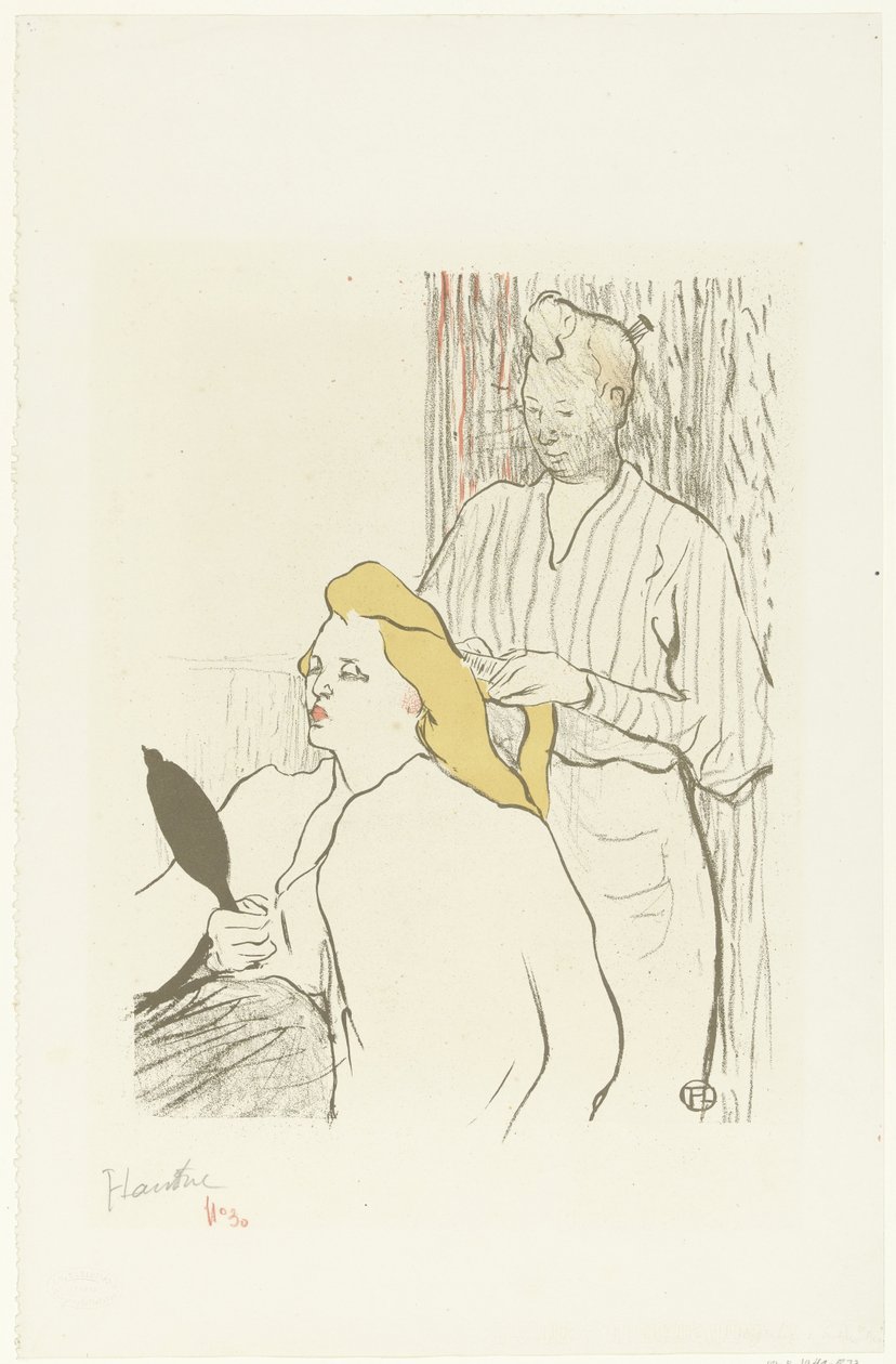 Hairdresser Combing the Hair of a Seated Woman with Mirror in Hand by Henri de Toulouse Lautrec (signed by artist)