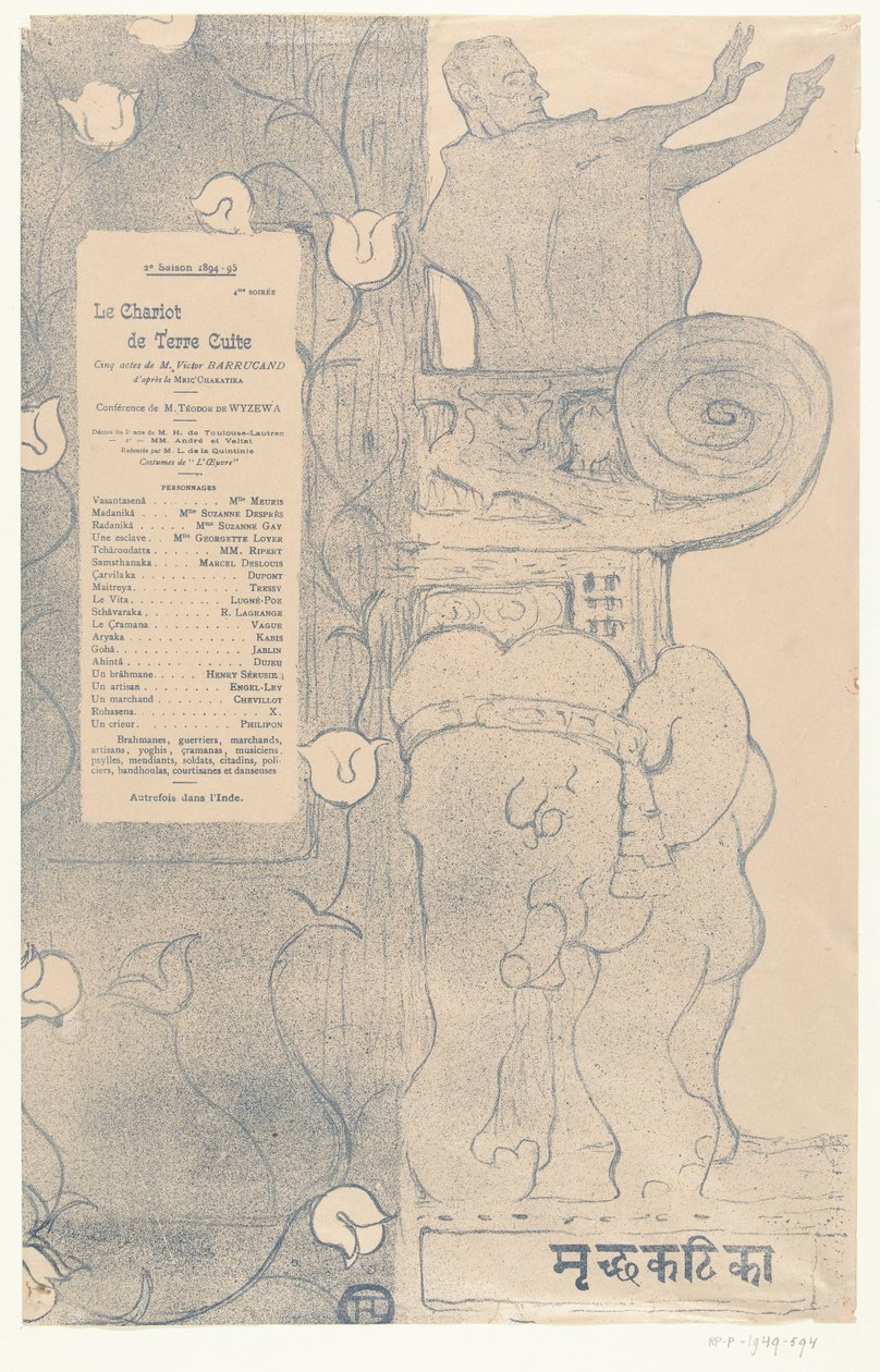Program for the Play Le chariot de terre cuite with Actor Felix Fénéon Standing on Balcony Above Indian Elephant by Henri de Toulouse Lautrec