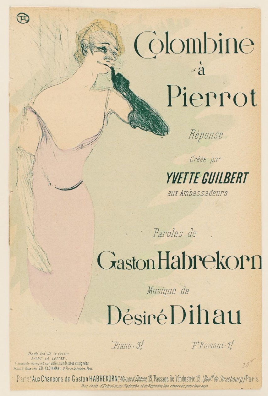 Yvette Guilbert, in Colombine to Pierrot by Henri de Toulouse Lautrec
