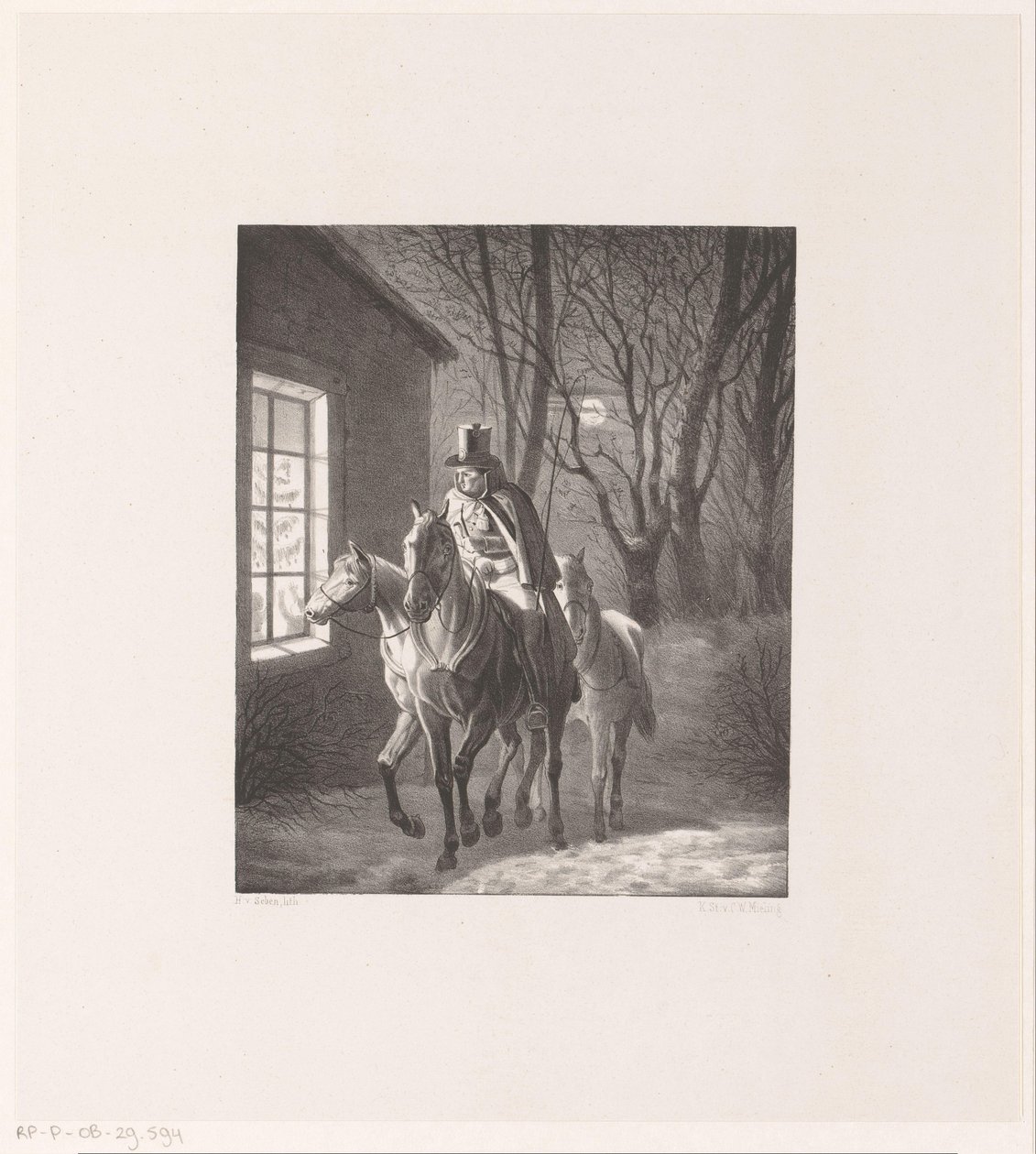 Man on Horse Riding Past House by Henri van Seben