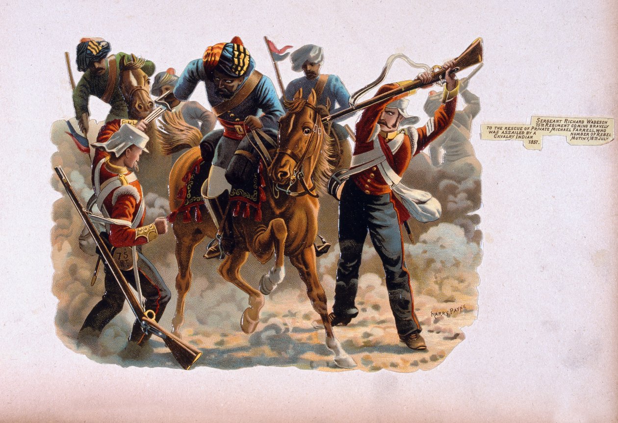 Sergeant Richard Wadeson, 75th Regiment, coming bravely to the rescue of Private Michael Farrell who was assailed by a number of rebel cavalry, Indian Mutiny, 18th July 1857, from a series entitled 